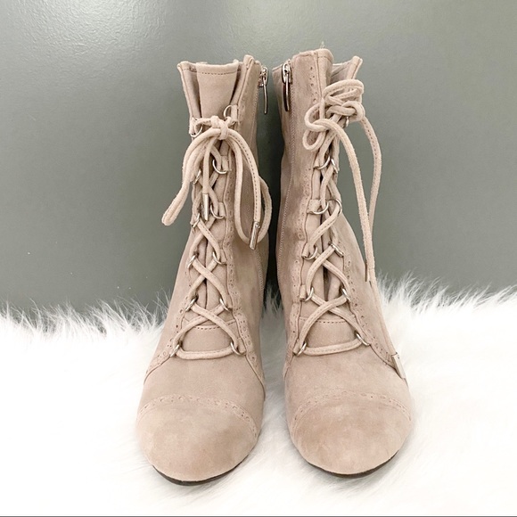 MARC FISHER Taupe Lace Up Ankle Heeled Boots 6 - Picture 3 of 6